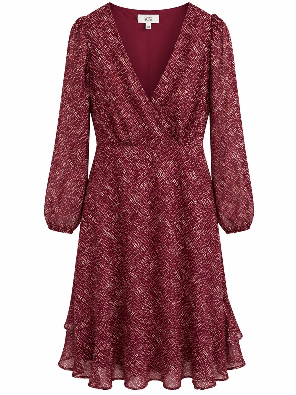 Lucky Brand Wine-Patterned V-Neck Long Sleeve Dress